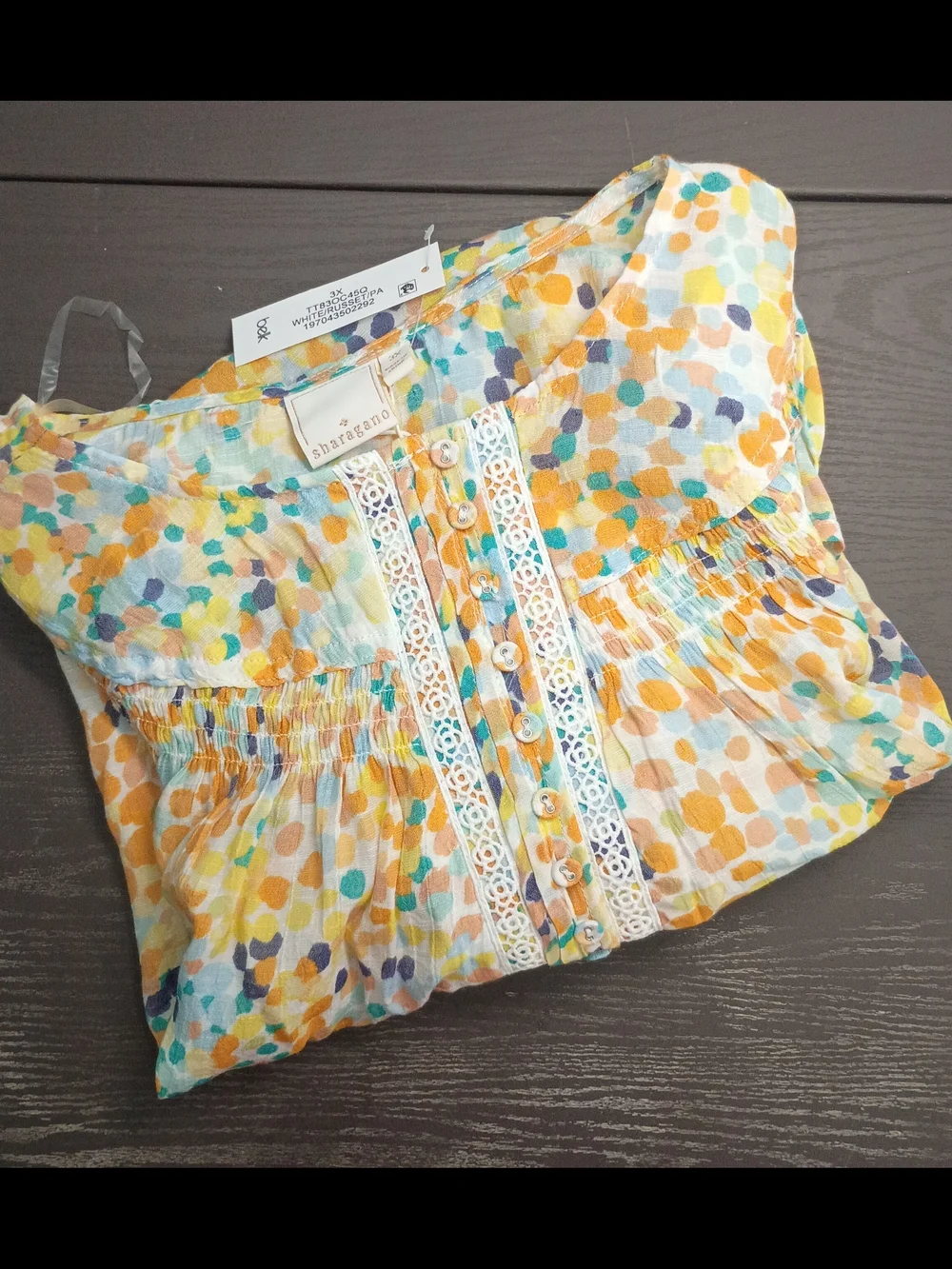 Sharagano White Blouse with Yellow, Teal & Blue Dot Print. MEW Women's 3X